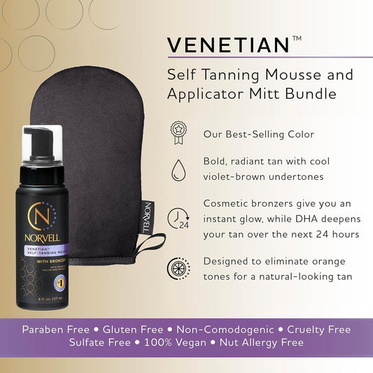 Norvell Venetian Self Tanning Set – 8 Fl Oz Mousse with Bronzer and Reusable Applicator Mitt for Natural-Looking, Streak-Free Tan